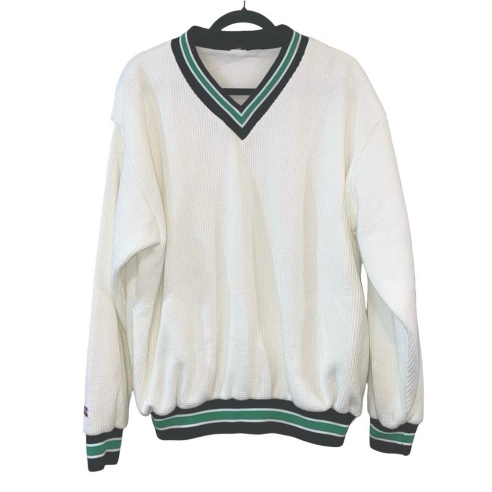 Vintage Russell Athletic Waffle Knit V-Neck Sweatshirt XXL White Green Trim